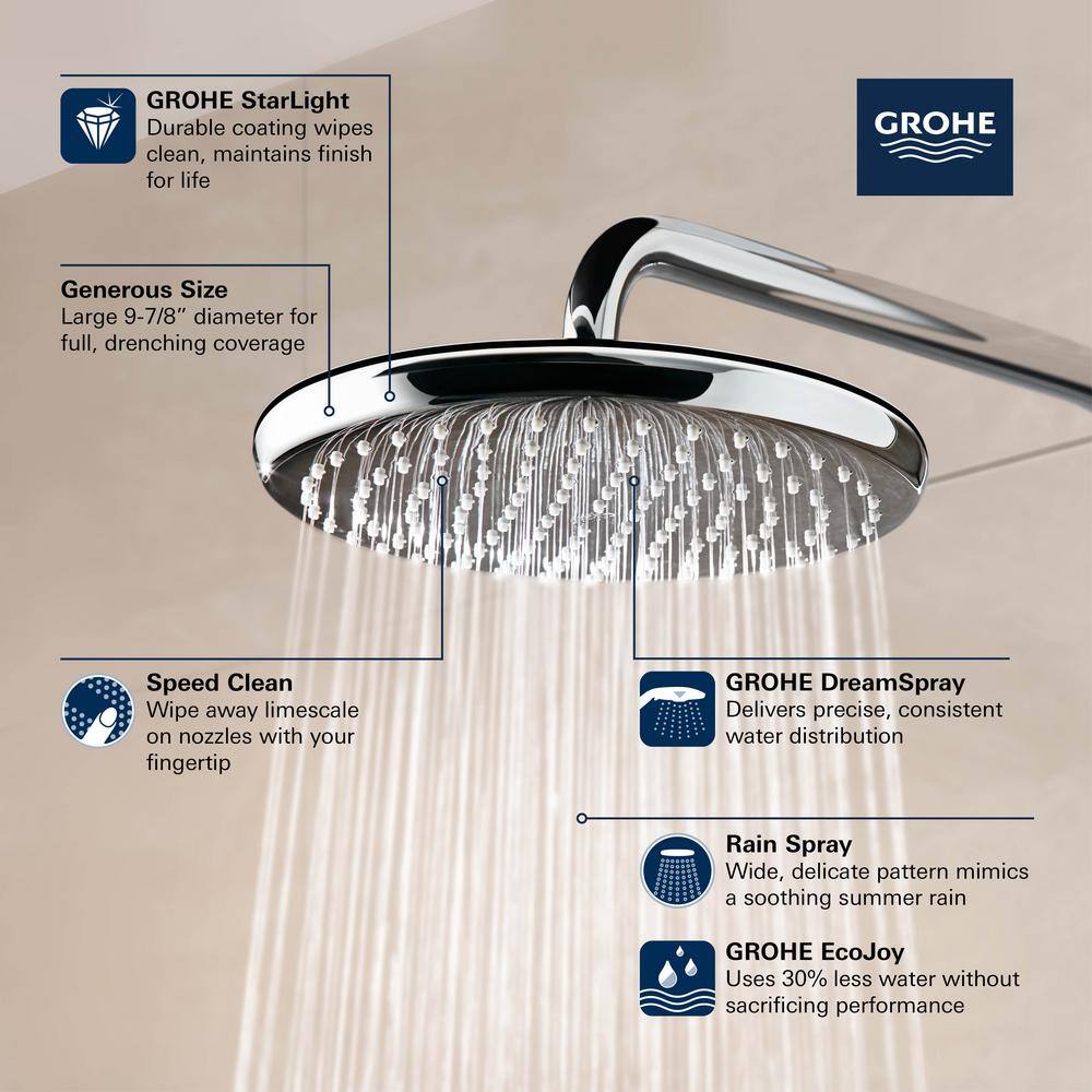 GROHE Tempesta 250 1-Spray Patterns with 1.75 GPM 10 in. H Round Wall Mount Rain Fixed Shower Head in Brushed Nickel 26715EN0