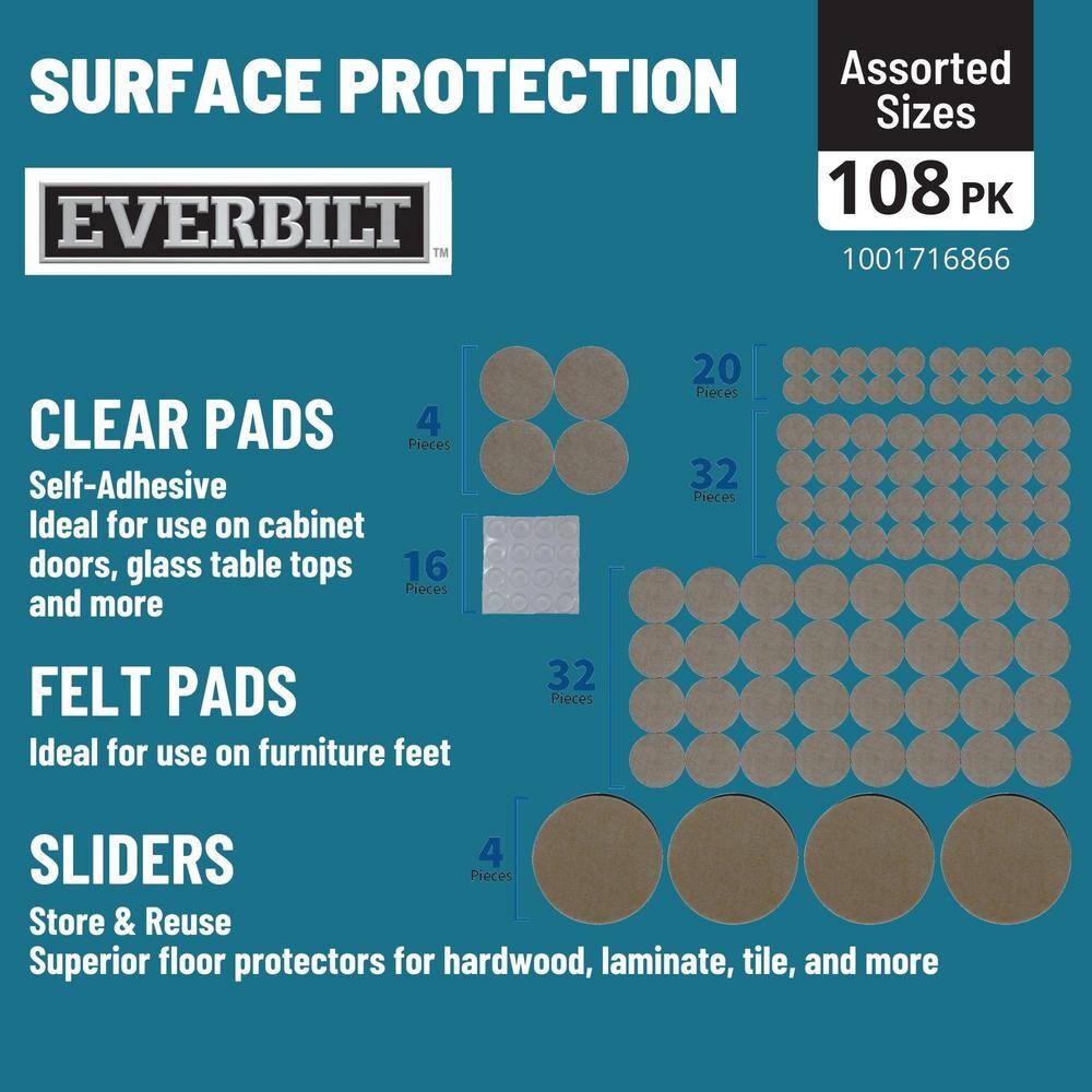 Everbilt Assorted Self-Adhesive Round Furniture Sliders Felt Pads for Hard Floors and Surface Bumpers Value Pack (108-Piece) 49032