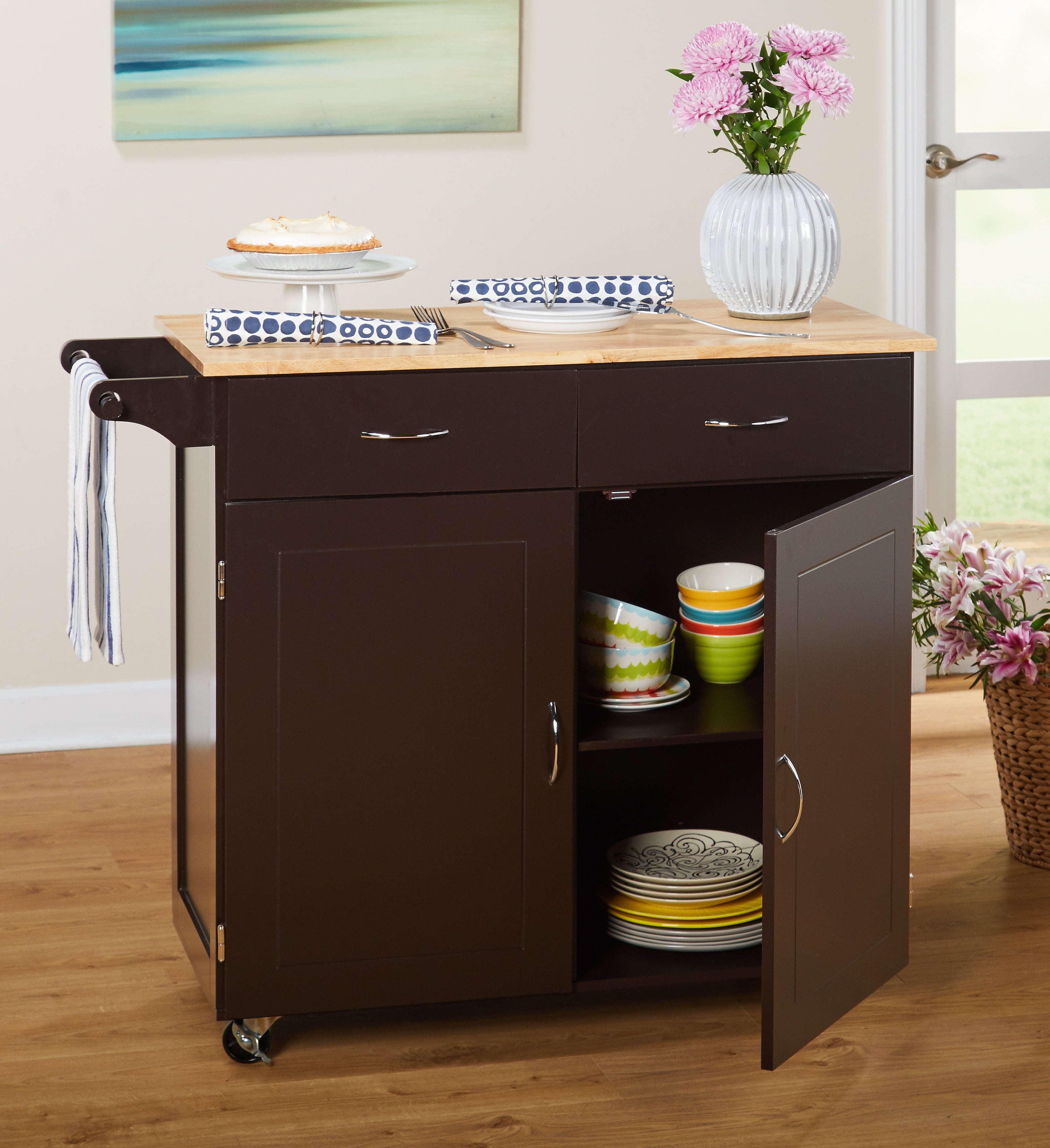 TMS Large Kitchen Cart with Rubber wood Top， Espresso