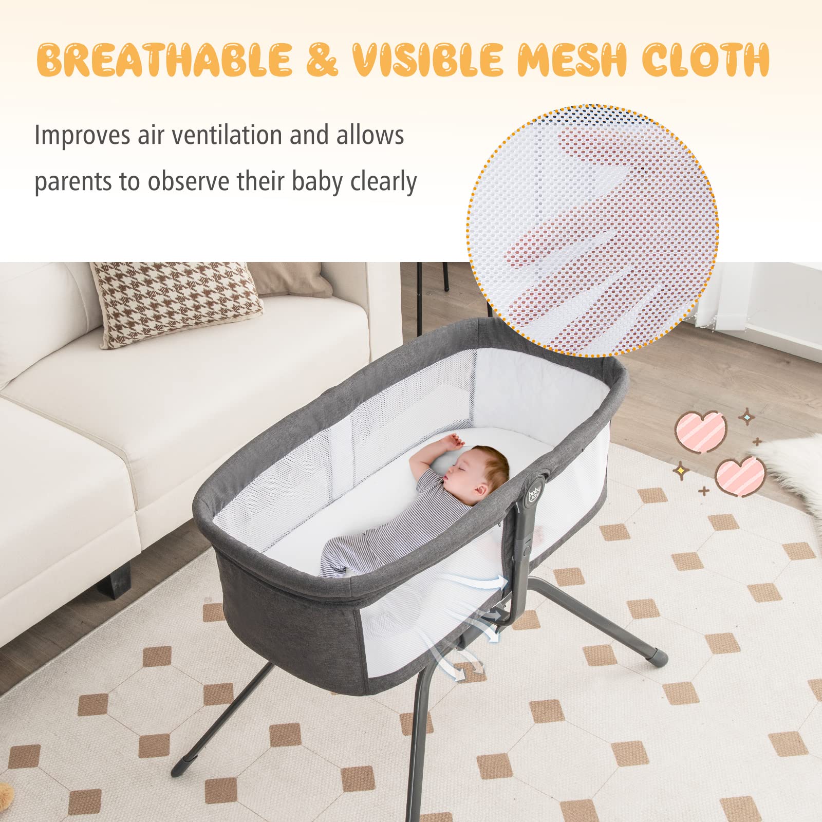 Costzon Manual Rocking Bedside Bassinet for Baby, Easy Folding Portable Baby Crib