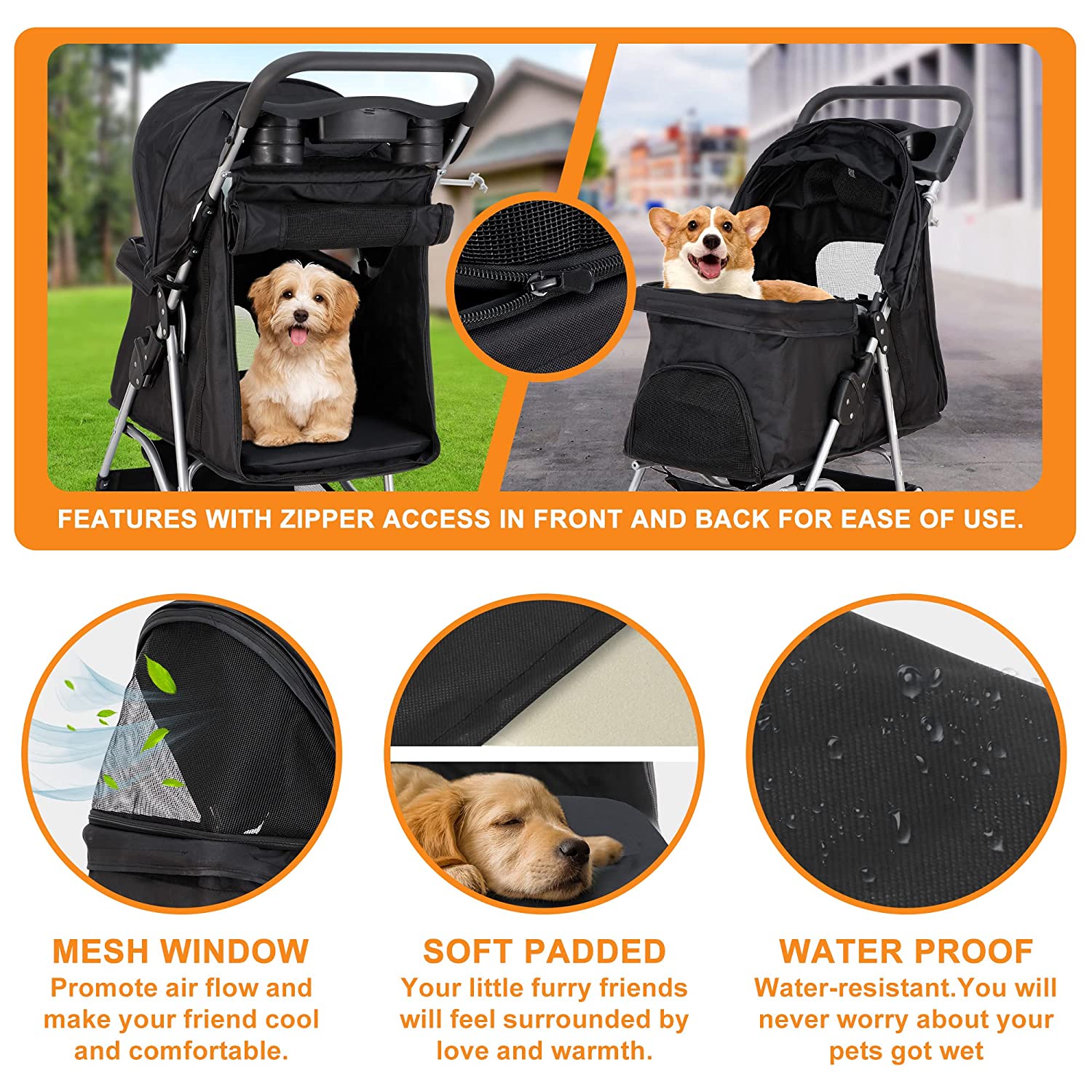 4 Wheel Dog Stroller for Small Medium Dogs and Cats Easy to Walk Foldable Carrier Strolling Cart with Storage Basket and Cup Holder