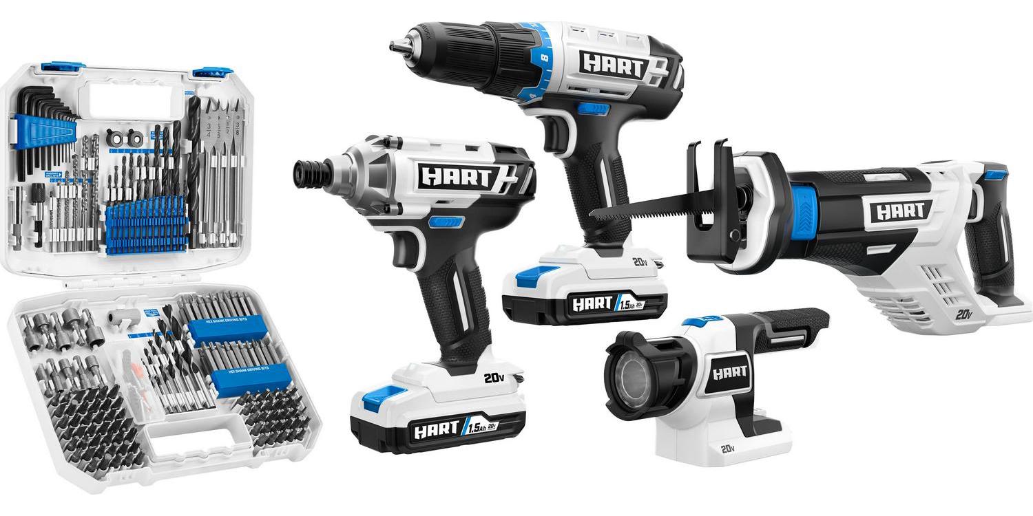 HART 20-Volt Cordless 4-Tool Combo Kit with 200-Piece Accessory Kit and 16-inch Storage Bag， (2) 20-Volt 1.5Ah Lithium-Ion Battery