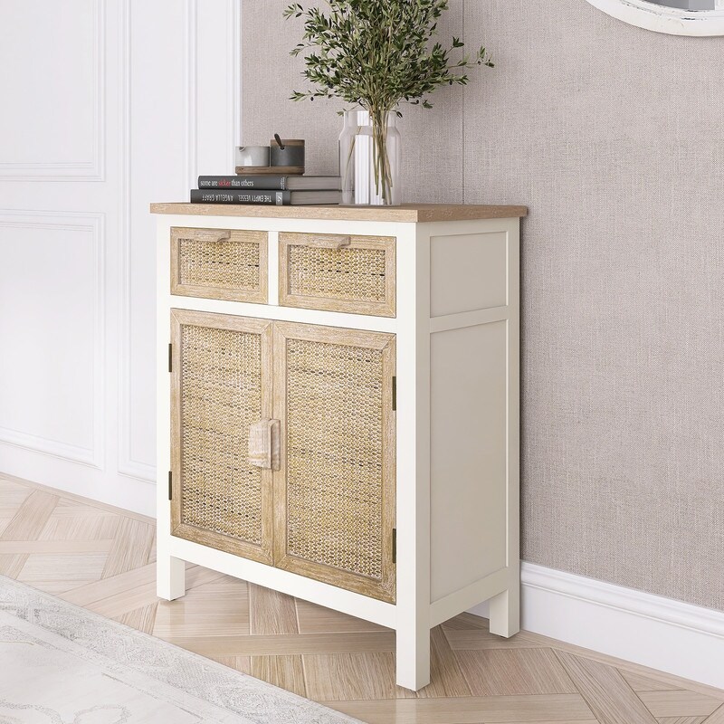 Vintage Style Storage Cabinet with 2 Drawers and 2 Doors  Buffets Sideboard with Sleek Wooden Handles  Antique White