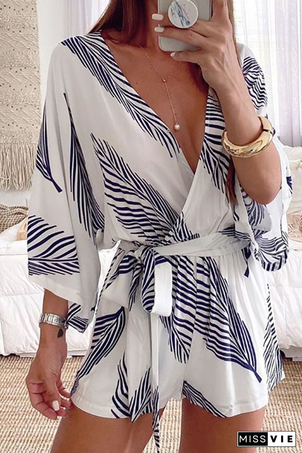 Casual Print Split Joint V Neck Straight Jumpsuits