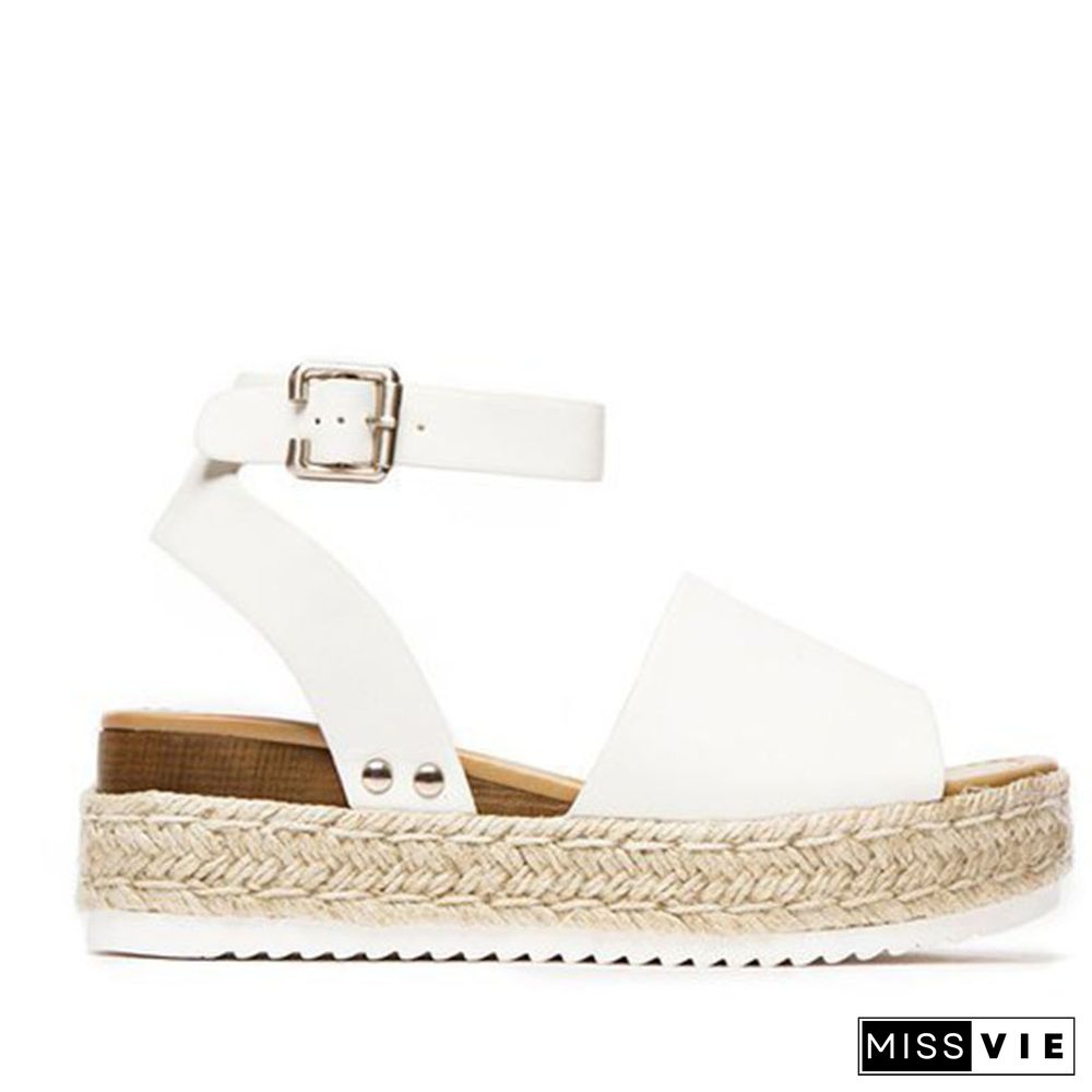 Linen Platform Buckle Ankle Strap Sandals