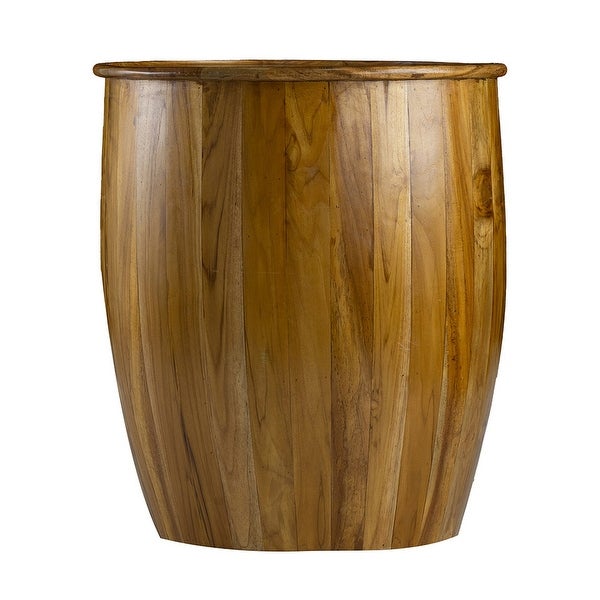 25 Inch Round Accent Side Table， Mango Wood， Barrel Shape， Classic Brown