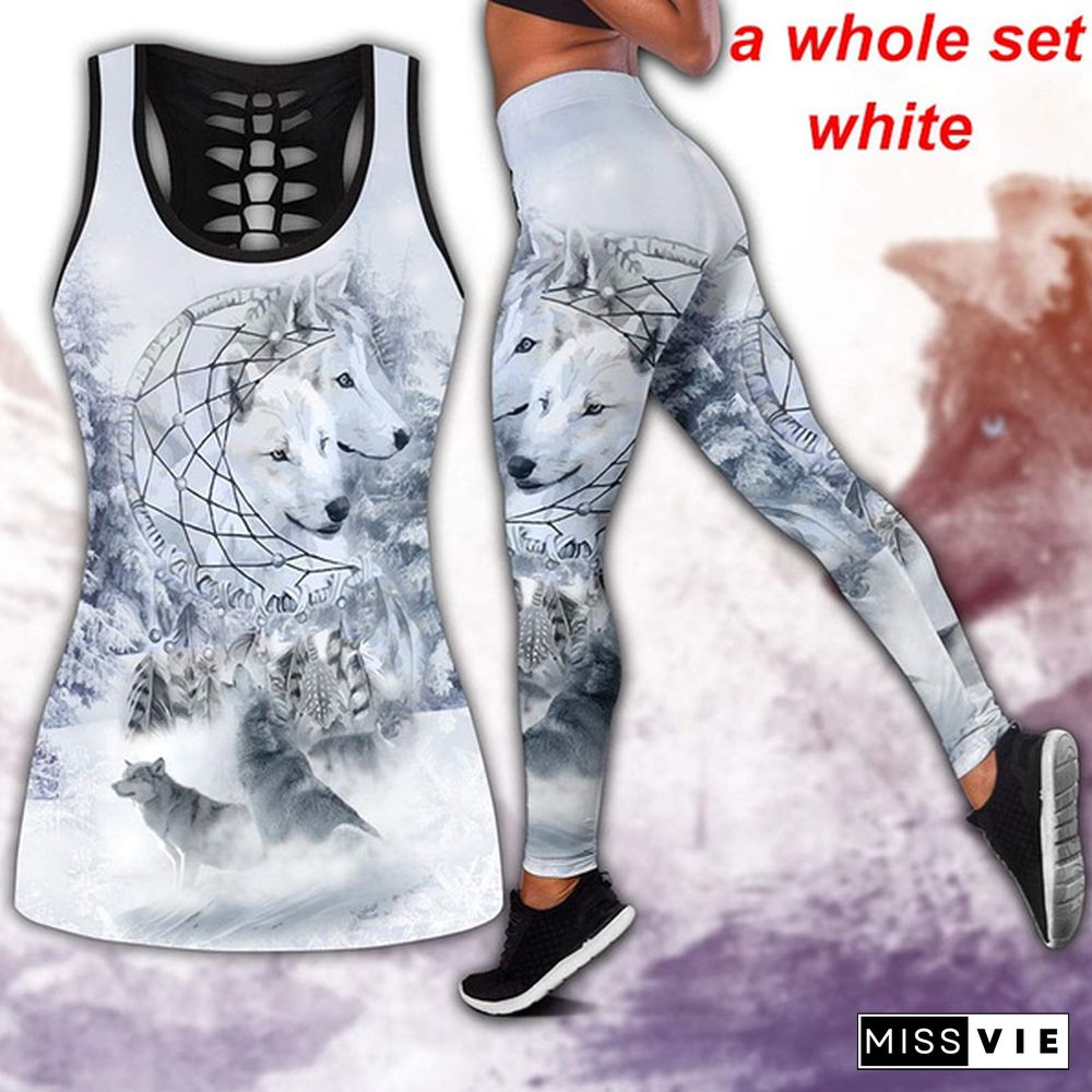 Women Wolf Native American 3D All Over Printed Legging + Hollow Tank Sleeveless Shirt Summer Vest for Women Plus Size Yoga Tank Tops Leggings Suit