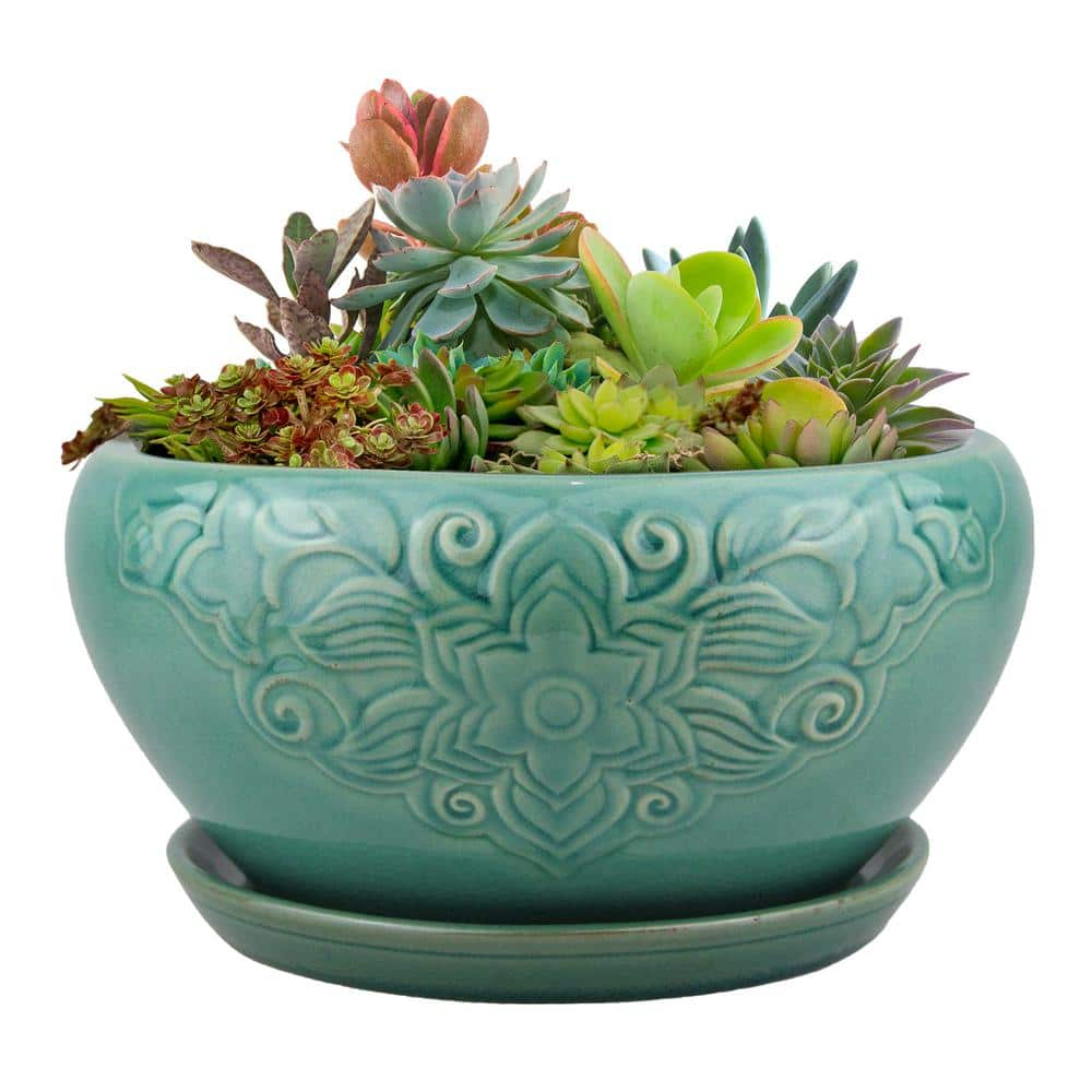 Trendspot 10 in. Teal Florelle Ceramic Bowl Planter CR00466-10C