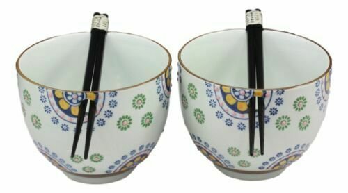 1 Japanese Design Ceramic Spring Flowers Ramen Noodles Bowl and Chopsticks Set of 2 EBR02