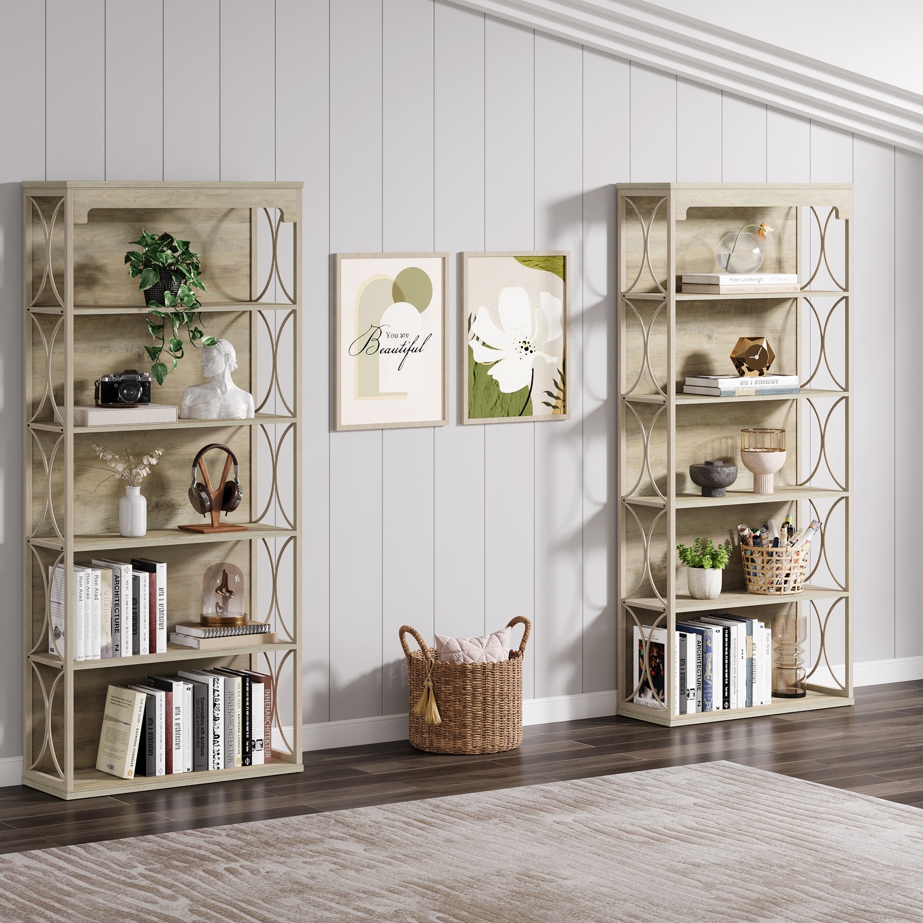 70.8 Bookshelf, 5-Tier Wood Bookcase Etagere Display Shelf