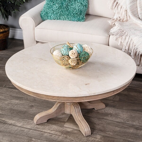 Offex Danielle Round Marble Coffee Table w/ Pedestal Base - LightBrown - 38