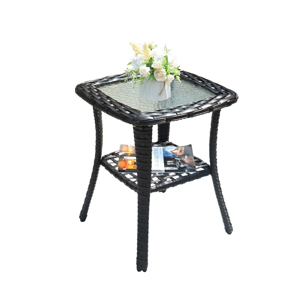 OVIOS Patio Outdoor Wicker Side Table with Glass Top