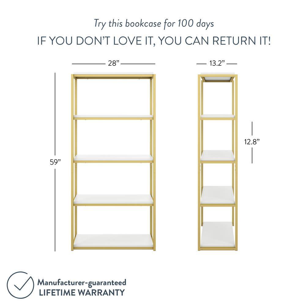 Nathan James Oscar 59 in. WhiteGold Brass Wood and Metal 5-Shelf Modern Etagere Bookcase with Storage Shelves 61102