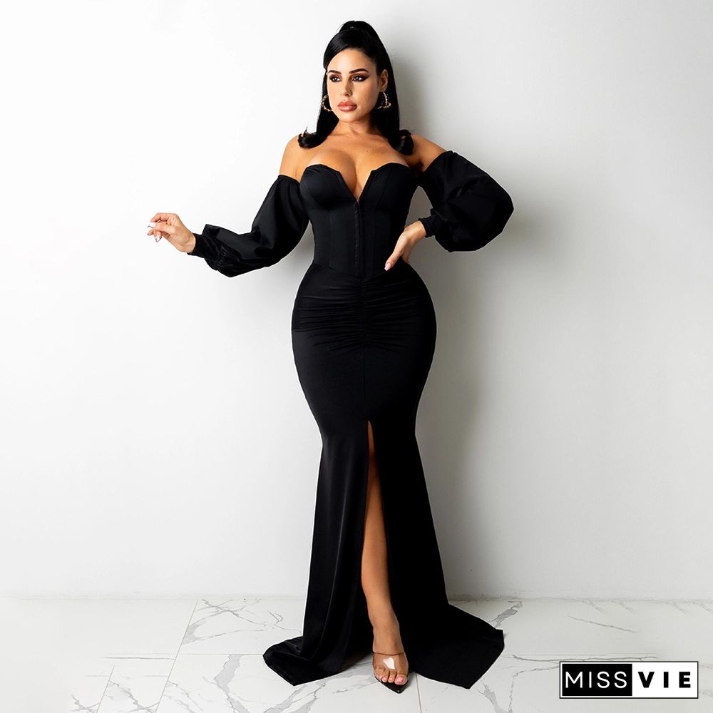 Elegant Off Shoulder Long Sleeve Slit Evening Dress