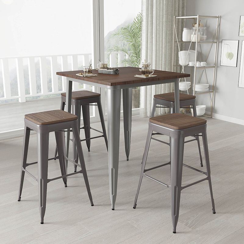 Merrick Lane Set of 4 Hamburg 30 Inch Tall Clear Coated Metal Bar Counter Stool With Textured Elm Wood Seat