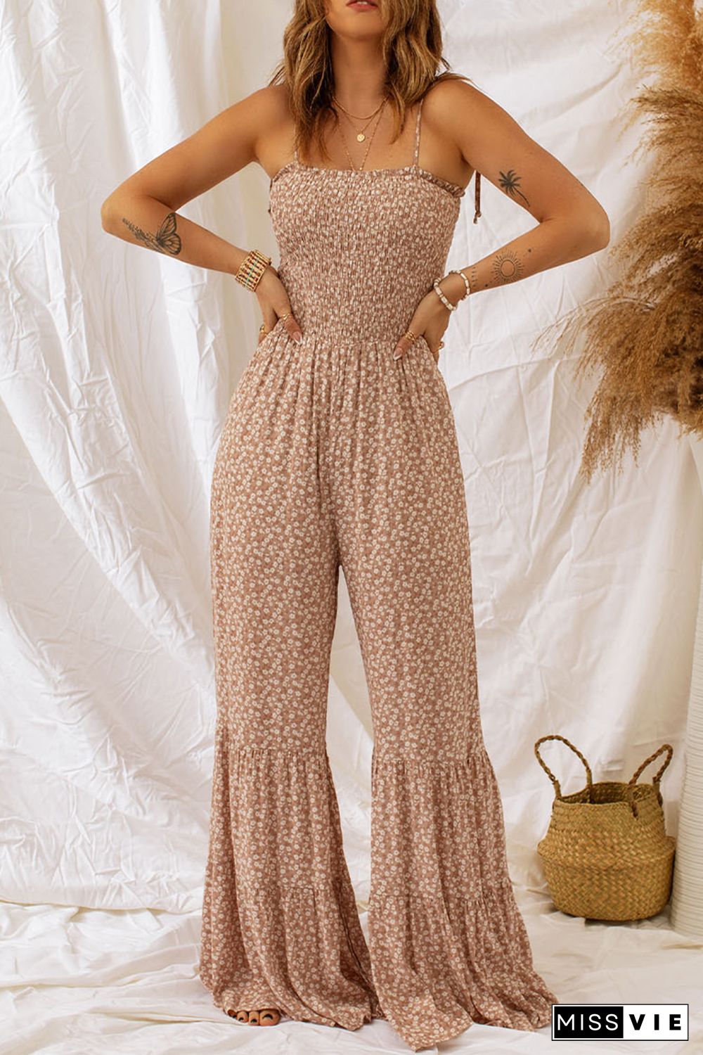 Khaki Thin Straps Smocked Bodice Wide Leg Floral Jumpsuit