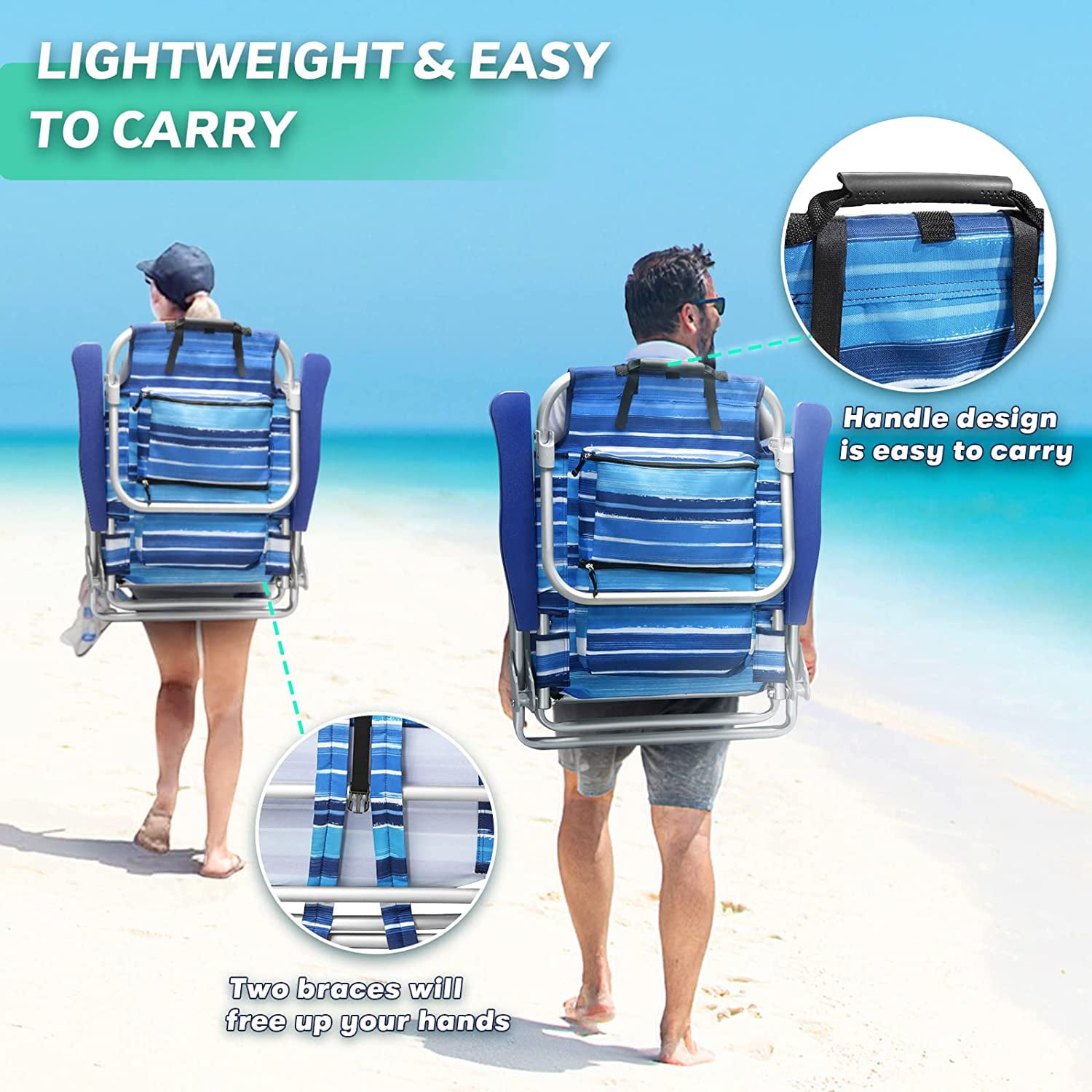 Waleaf Heavy Duty Folding Tall Backpack Beach Chair，High Back Beach Chairs for Adults，5-Position Lay Flat Beach Chairs with Headrest， Towel Bar， Cooler Bag， Storage Bag， Cup Holder and Phone Holder