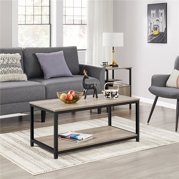 Industrial Coffee Table with Storage Shelf， Rustic Gray