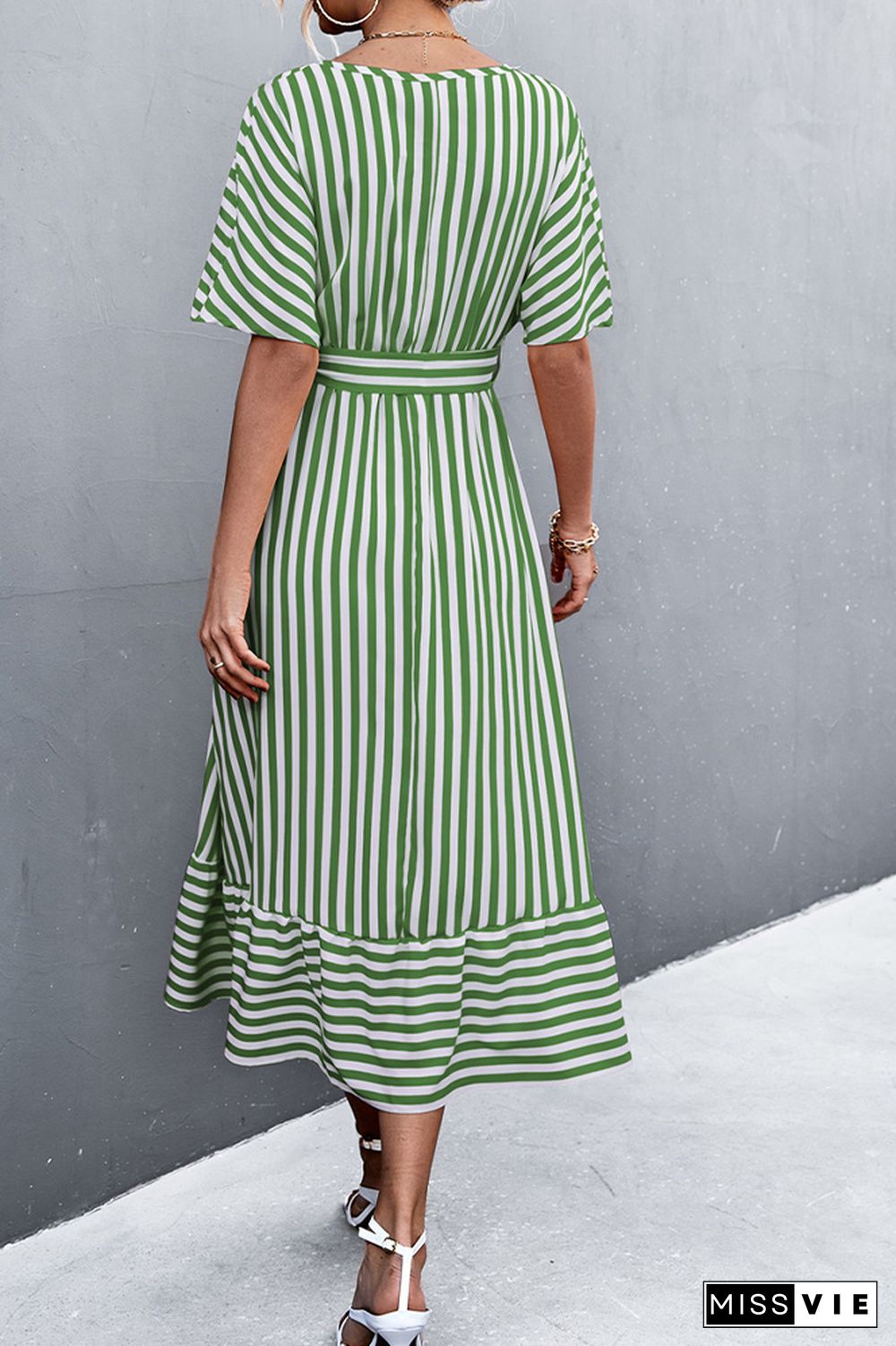 Stripe Print V-neck Short Sleeve Tie Waist Long Dress Wholesale