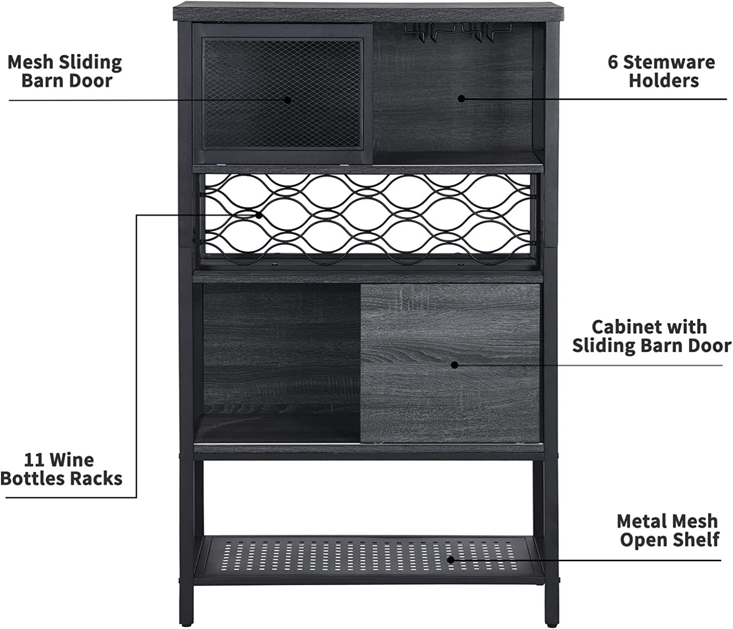 Bar Cabinet with Wine Storage， Free Standing Wine Rack w/ 5-Tier Shelves， Kitchen Storage Cabinet with Sliding Door， 6 Glass Holder， 11 Bottle Racks， Mesh Shelf， Gray