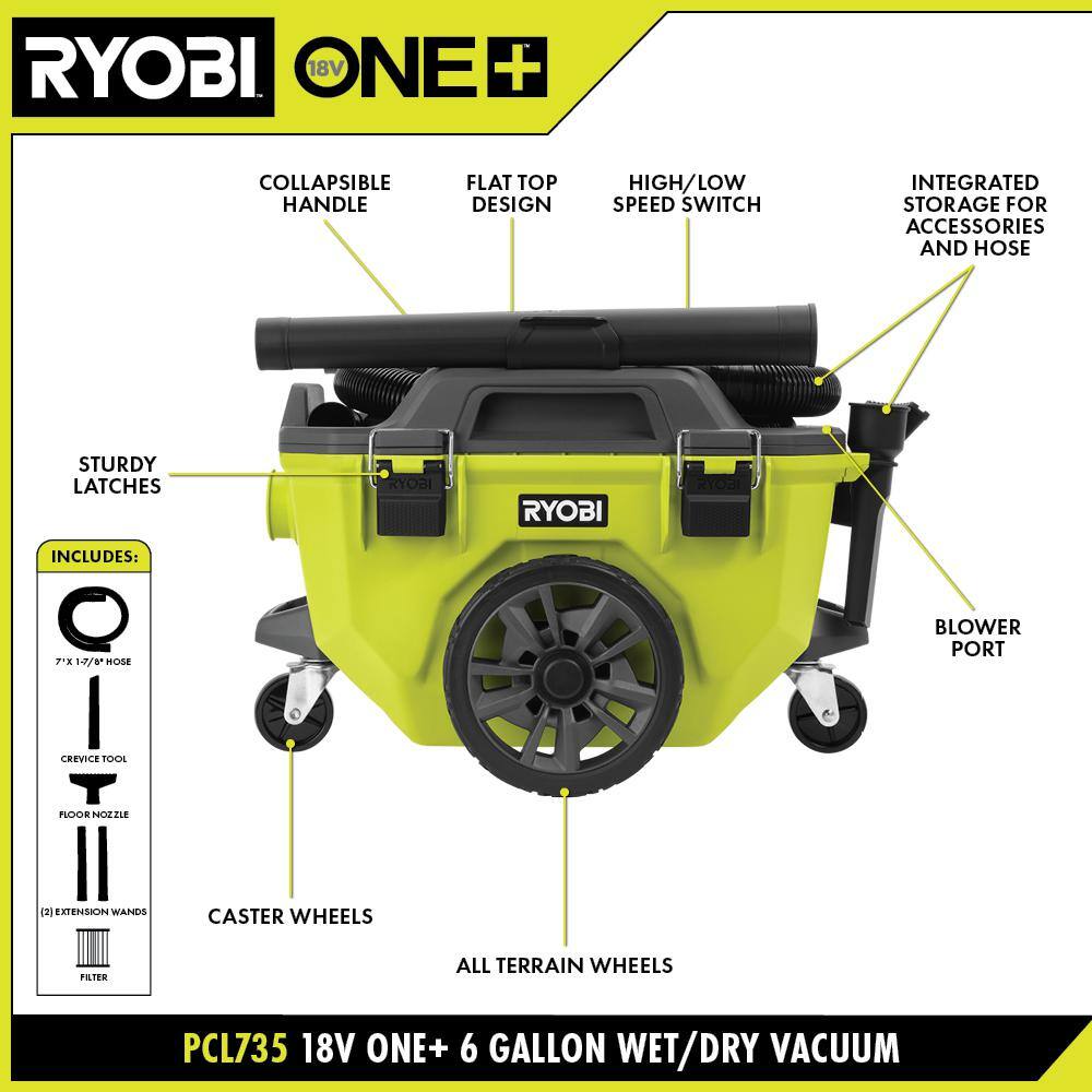 RYOBI ONE+ 18V Cordless 6 Gal. Wet Dry Vacuum (Tool Only) PCL735B