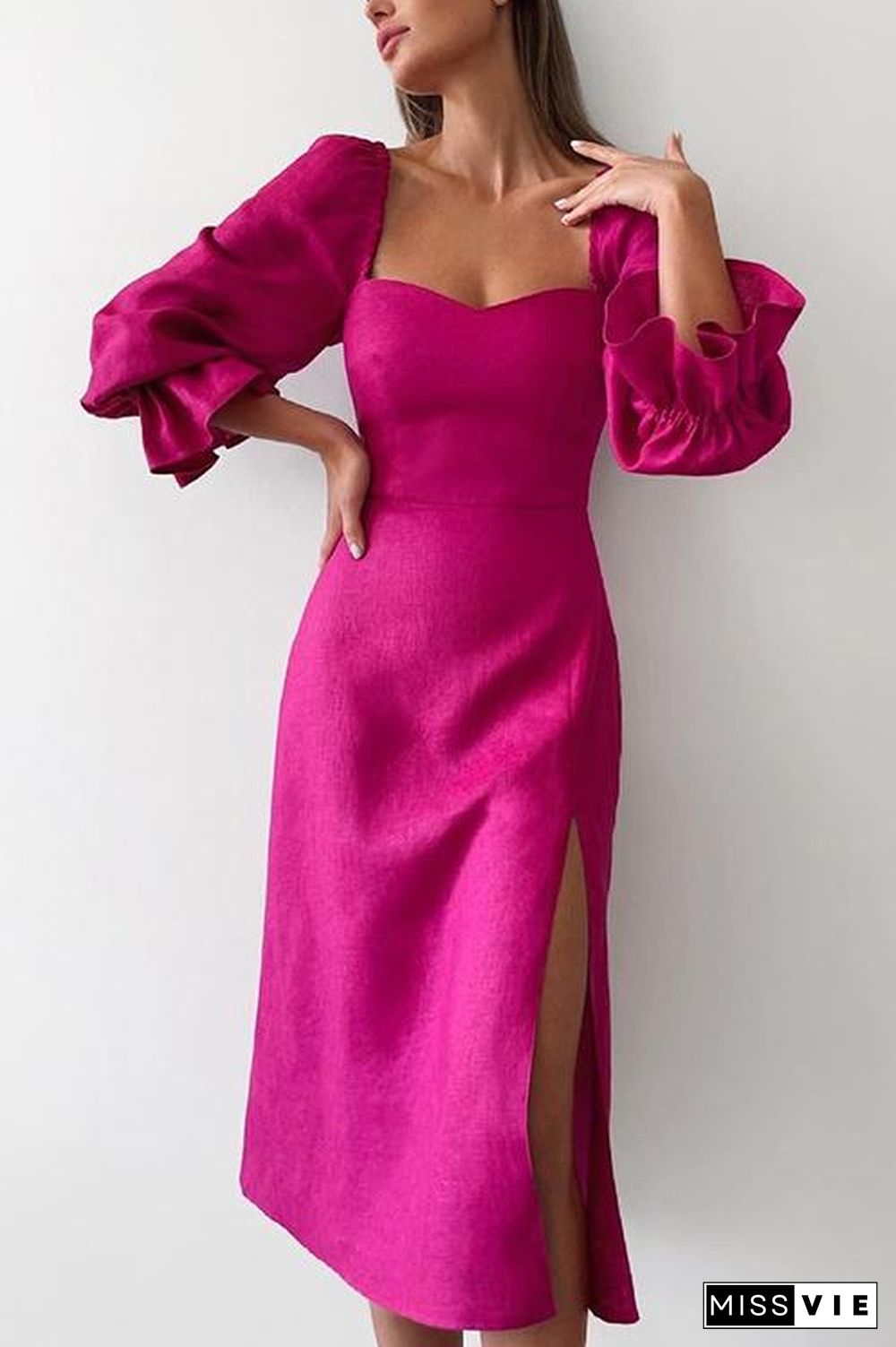 Rose Square Neck Slit Midi Dress