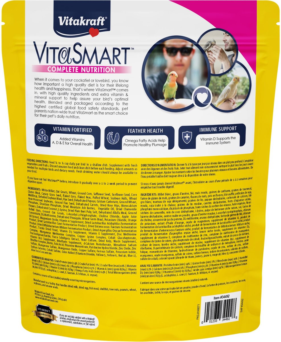 Vitakraft Vita Smart Gourmet Fortified Daily Cockatiel and Lovebird Food， 4-lb bag