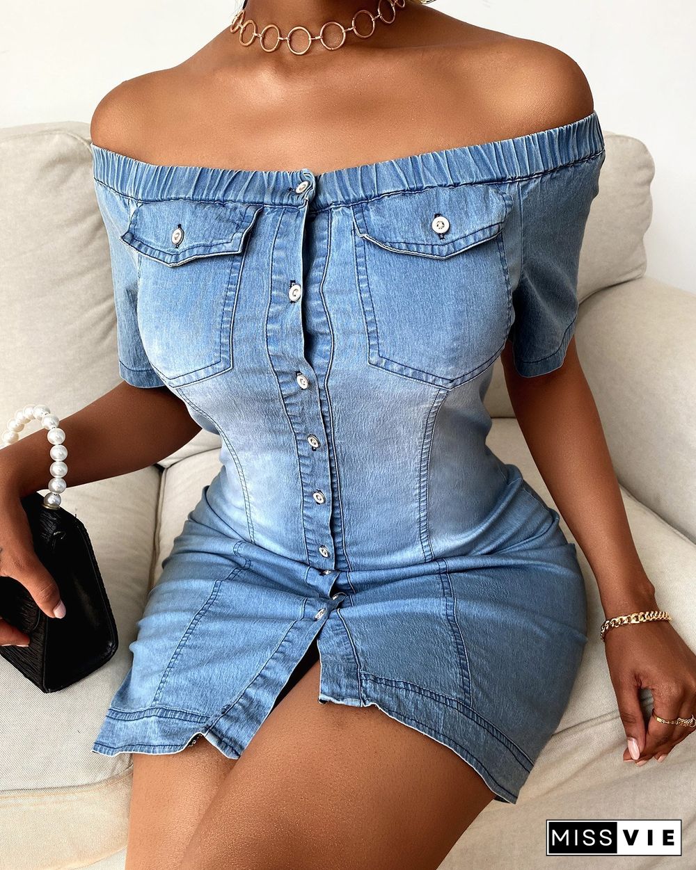 Off Shoulder Buttoned Denim Bodycon Dress P13578