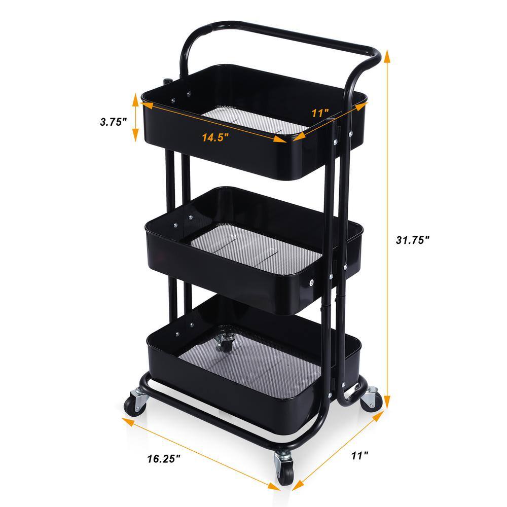 Huluwat 3-Tier Metal Storage Rolling Utility Cart with Wheels and Handle in Black DJYC-G-FNCART171333B