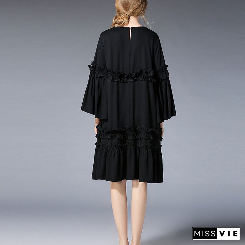 fashion black Midi-length linen dress plus size clothing linen maxi dress Elegant flare sleeve ruffles midi dress