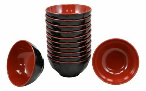 1 Contemporary Ridged Red Black Melamine Small 8oz Rice Miso Soup Bowl Set Of 12 EBR02