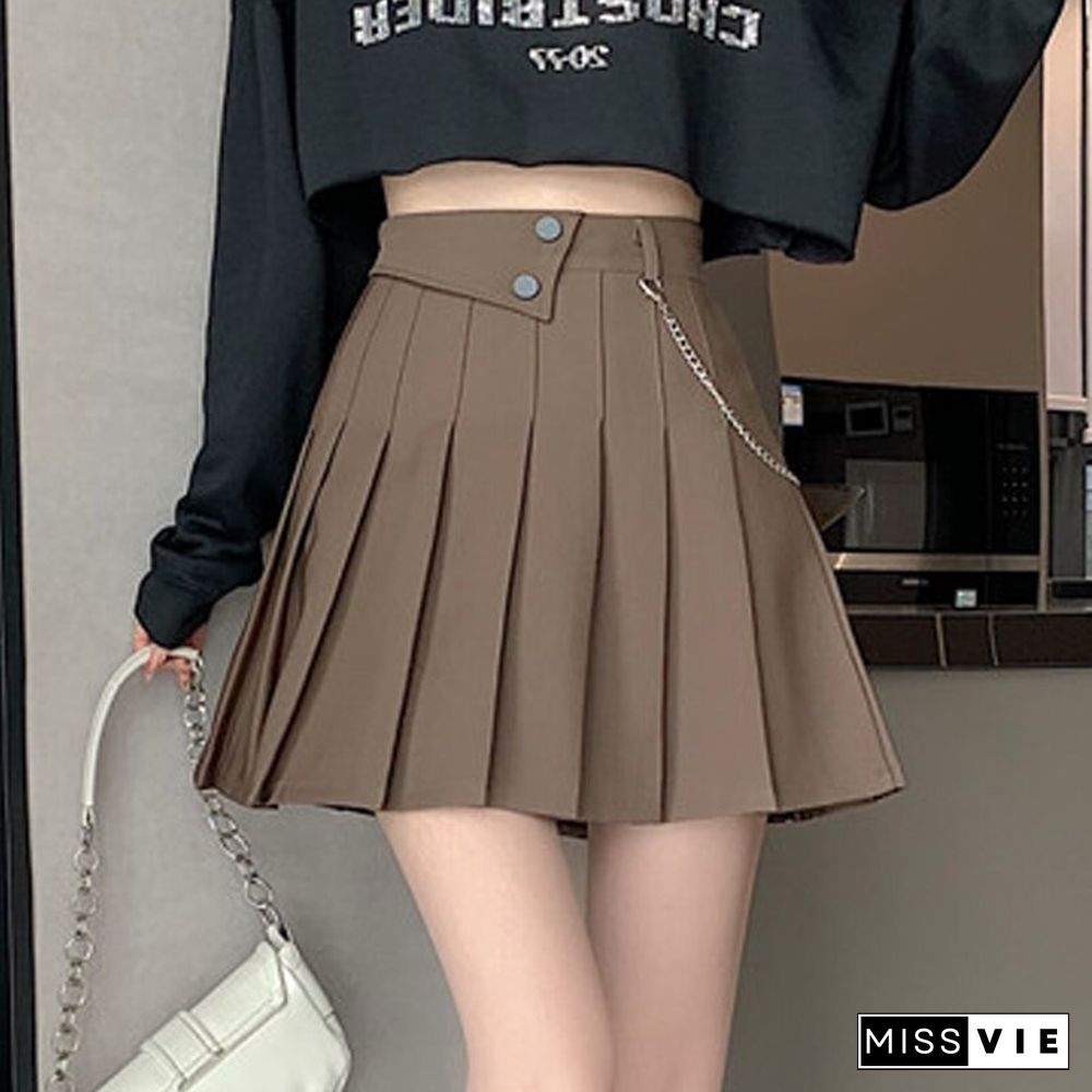 Spring Summer Design Chain Pleated Skirt Women High Waist College Student Mini Skirt Loose Casual Skirts Korean Fashion New