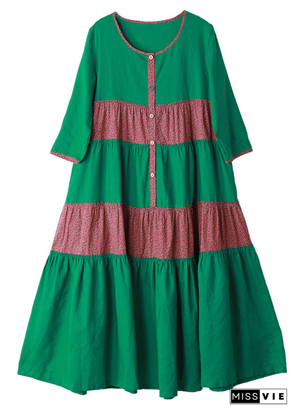 Elegant Green O-Neck Button Patchwork Vacation Dresses Long Sleeve