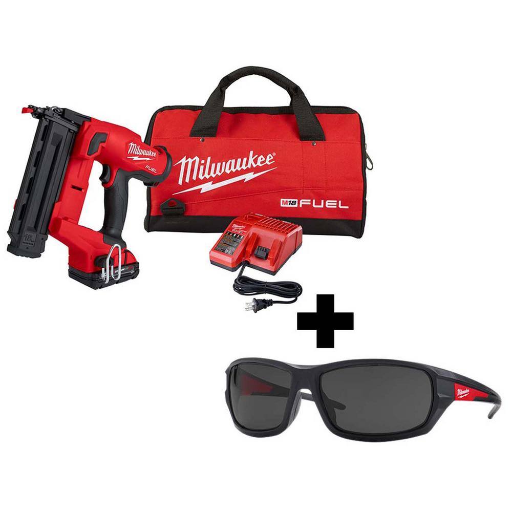 MW M18 FUEL 18-Volt 18-Gauge Lithium-Ion Brushless Cordless Gen II Brad Nailer Kit and Tinted Performance Safety Glasses 2746-21CT-48-73-2025