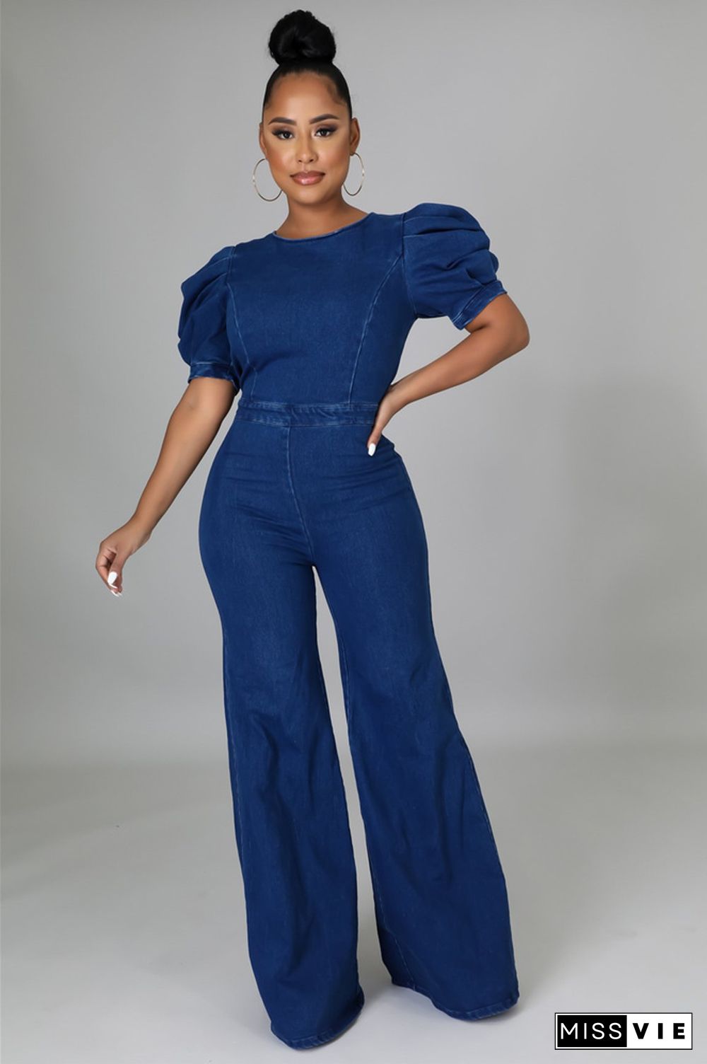 Short Puff Sleeve Backless Zipper Denim Flare Jumpsuit