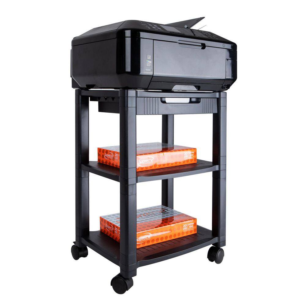 Mind Reader Anchor Collection Mobile Printer Cart with 3-Tiers Storage Drawer 75lb. Capacity Set of 2 Black 2PRCART-BLK