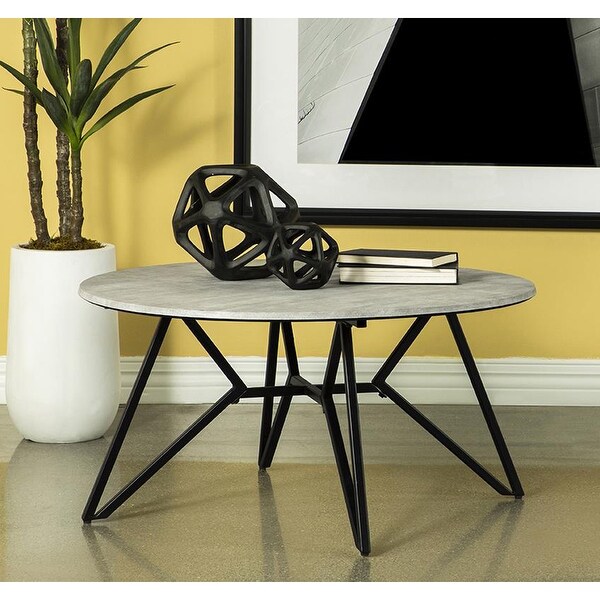 Round Coffee Table with Metal Hairpin Legs in Cement and Gunmetal