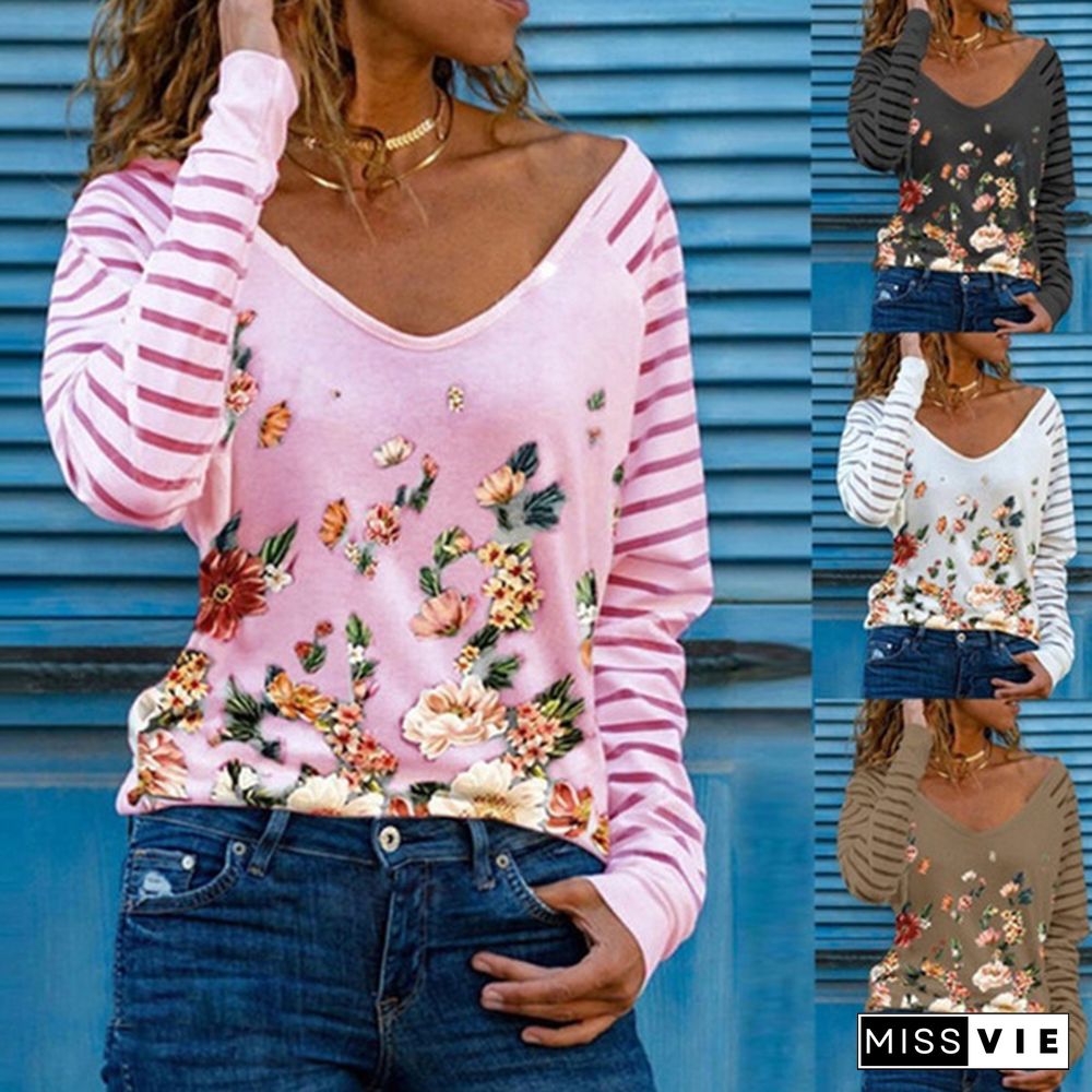 Spring and Summer New Fashion Striped Sleeve Flower Printed Casual Long Sleeve Sun Protection Soft and Comfortable T-shirt Loose Plus Size Lightweight Shirt Top S-3XL