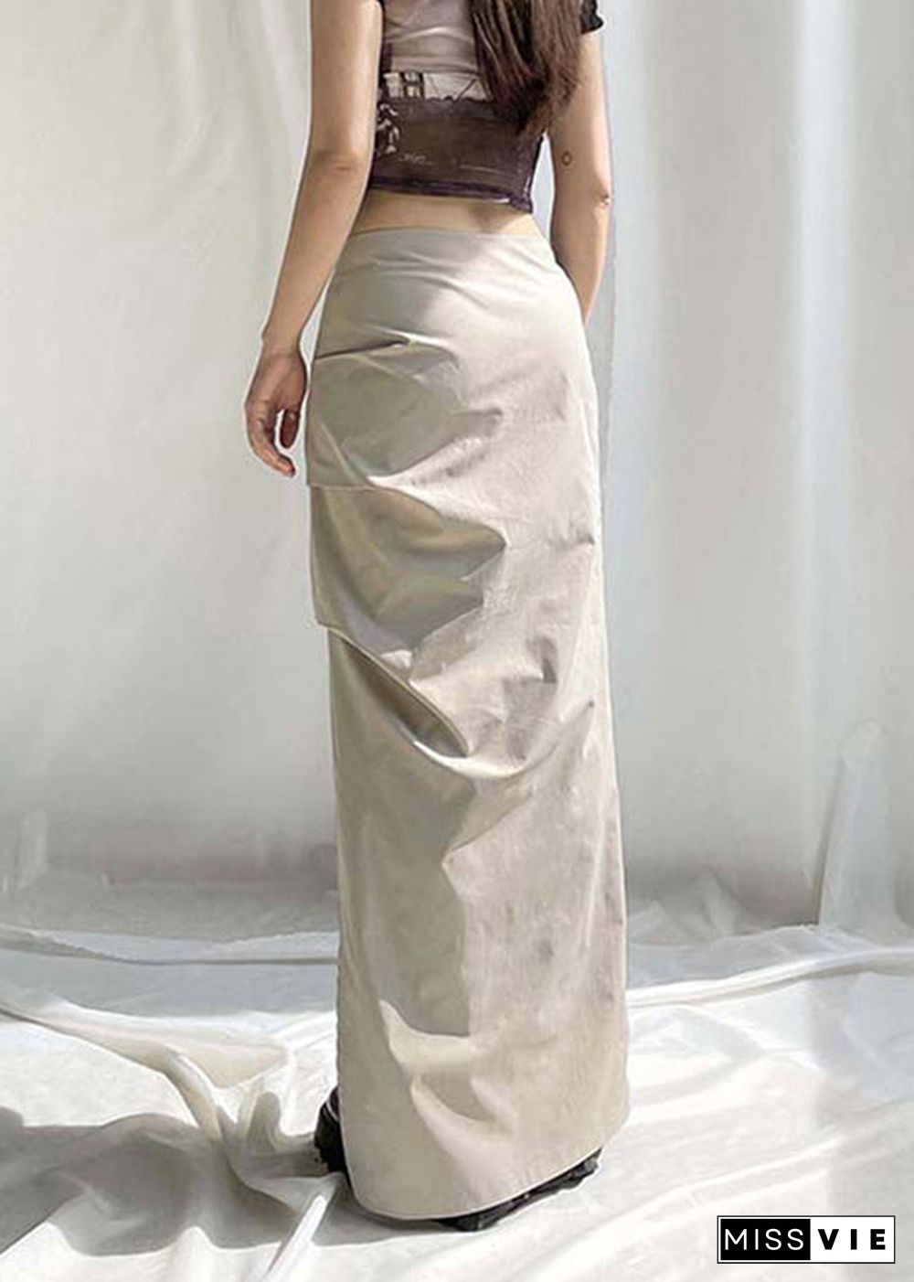 Women Khaki Wrinkled Side Open High Waist Patchwork Cotton Skirts Fall