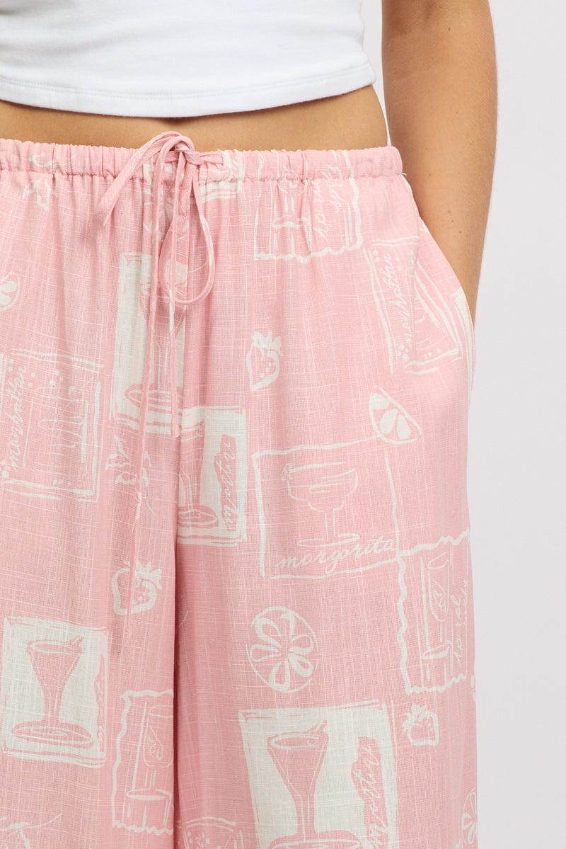 Pink Abstract Wide Leg Pants High Rise