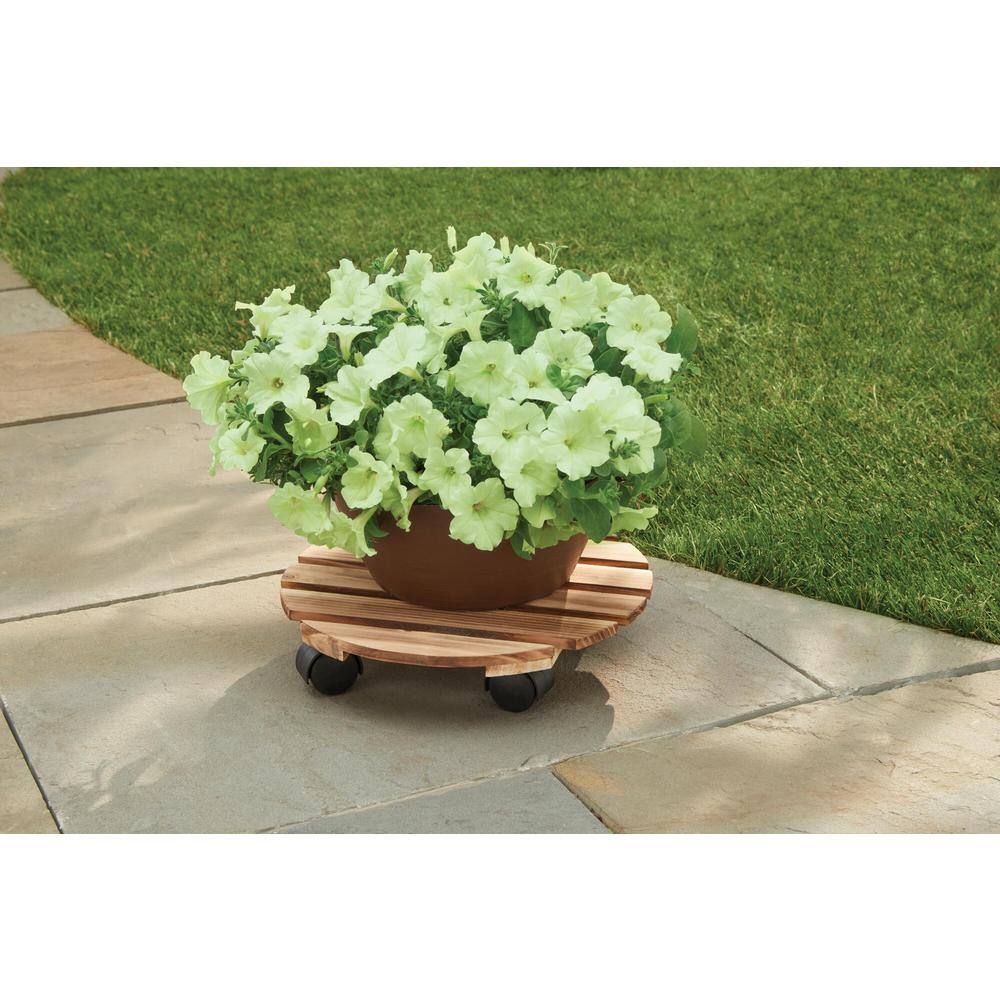 Vigoro 12 in. Round Wood Plant Stand Caddy with Wheels 710252310