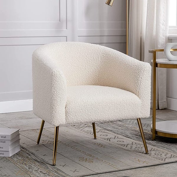 Modern Glam Upholstered Living Room Accent Barrel Chair with Golden Legs