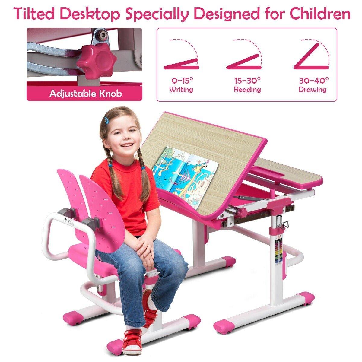 Kids Desk and Chair Set, Height Adjustable, Children Study Table with Tilted Desktop