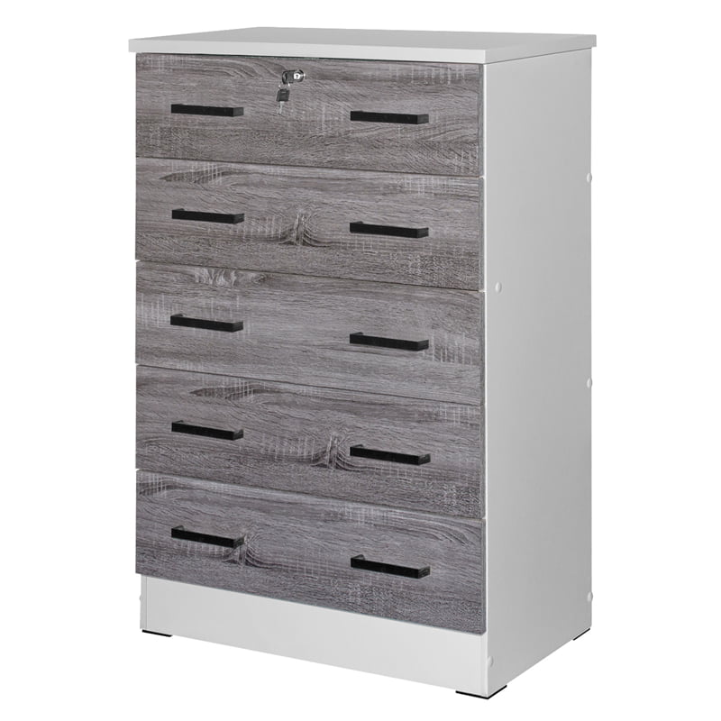 Better Home WC5-Wht-Gry Cindy 5 Drawer Chest Wooden Dresser with Lock, White & Gray