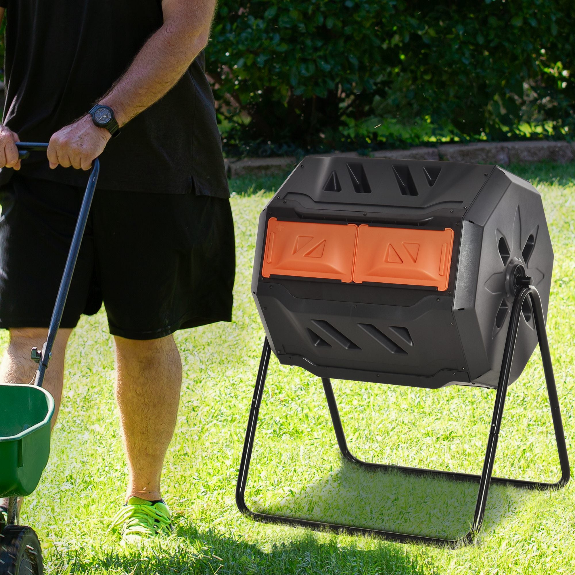 Outsunny Outdoor Tumbling Compost Bin w/ Dual Chamber, Sliding Doors, Orange