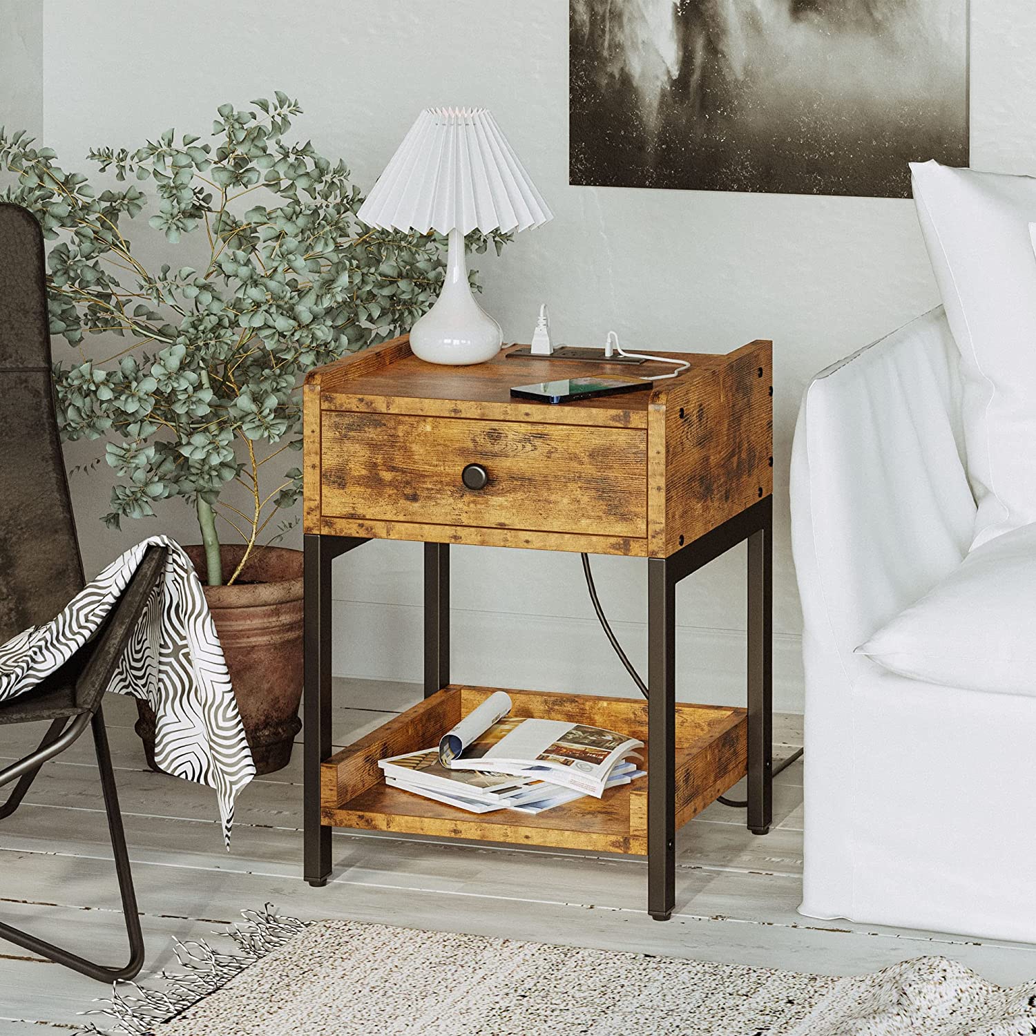 Nightstand Bedside Table with Charging Station, Small End Table with Storage Drawer and Shelf, Vintage Brown