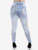 Short Sleeve 3D Denim Print Tee and High Waist 3D Denim Print Jeggings Plus Size Outfit