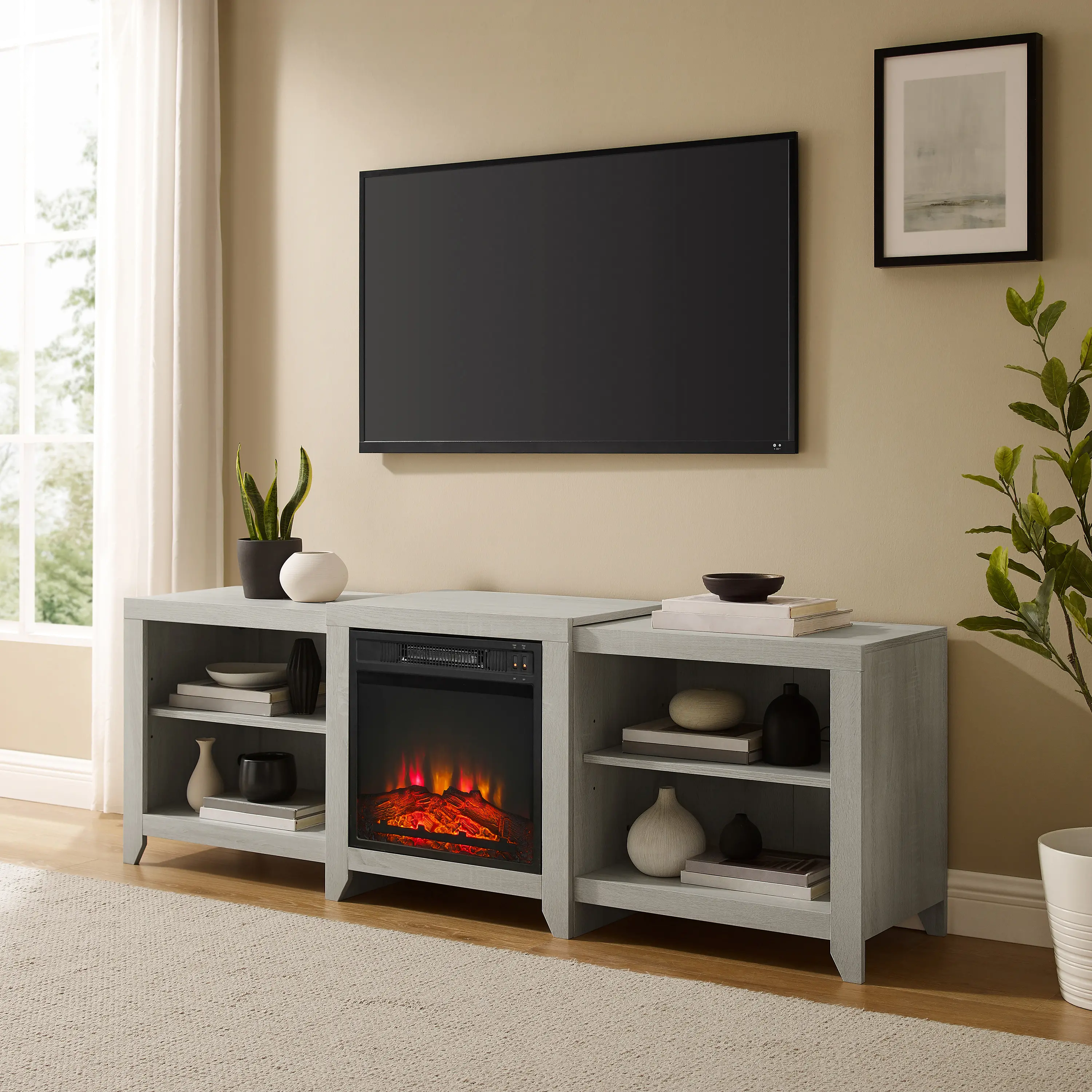 Ronin 69 Whitewash TV Stand with Fireplace