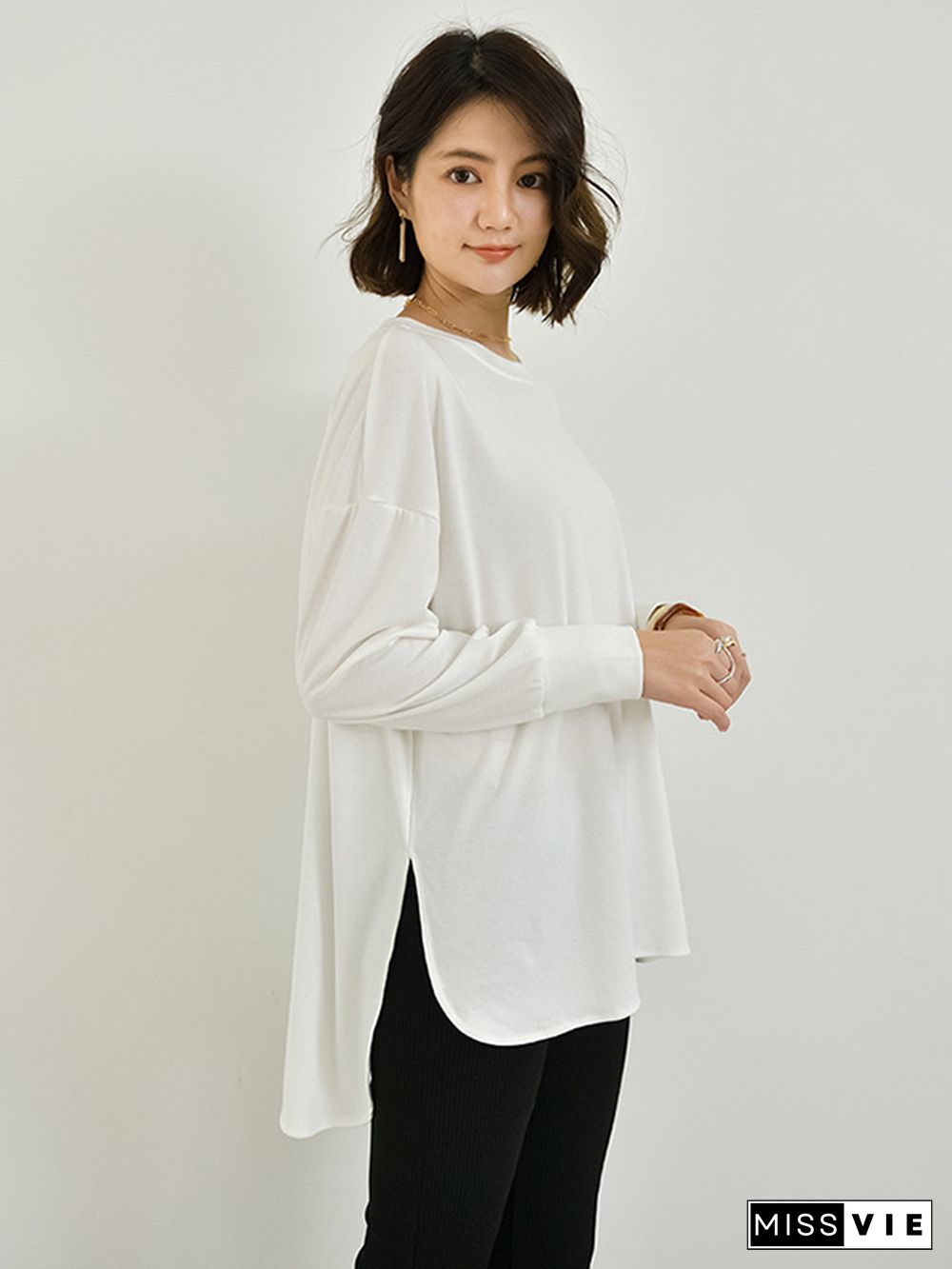 Simple Long Sleeves Loose Split-Side Solid Color Round-Neck T-Shirts Tops