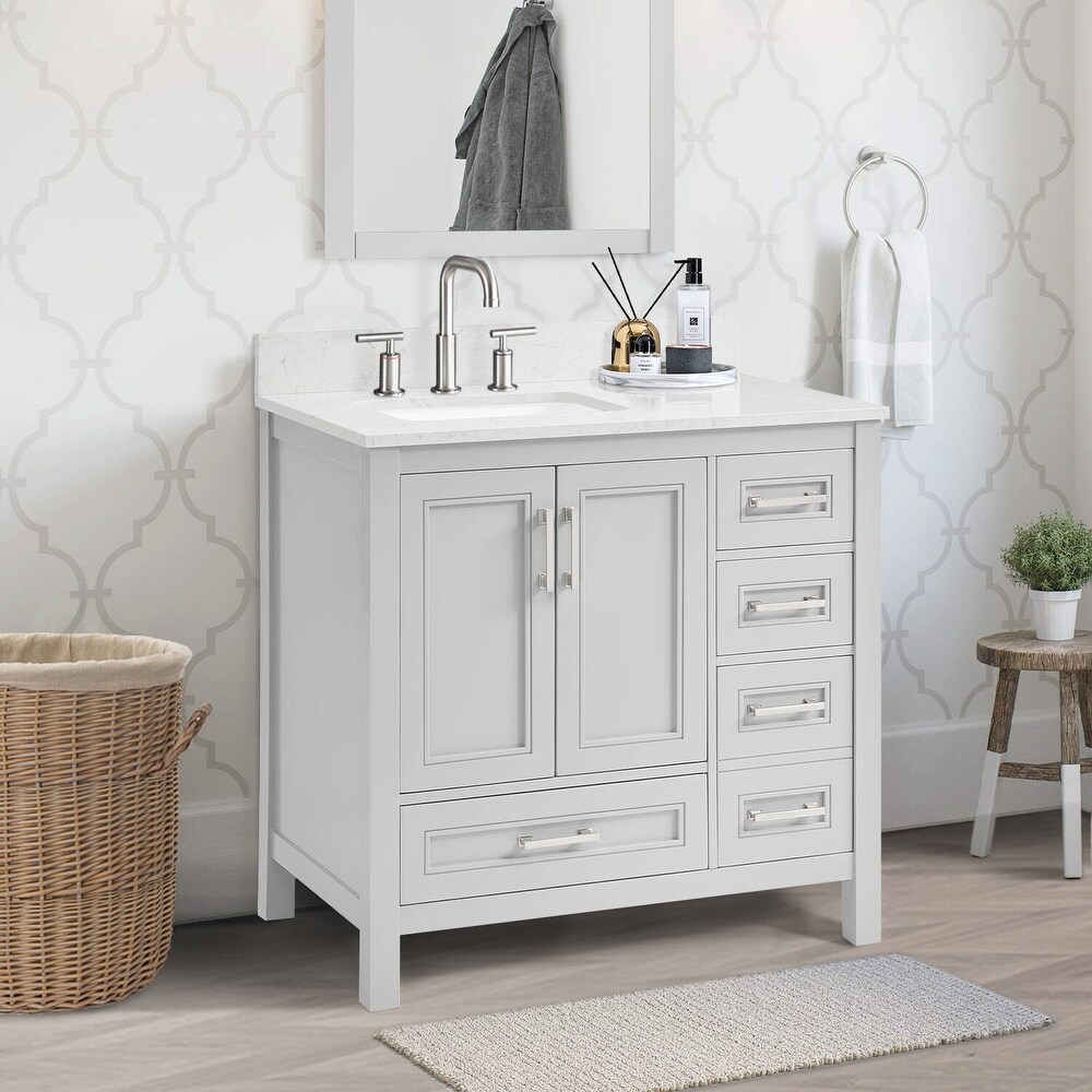 Vines 36 in. Grey Bathroom Vanity with Carrara Marble Top